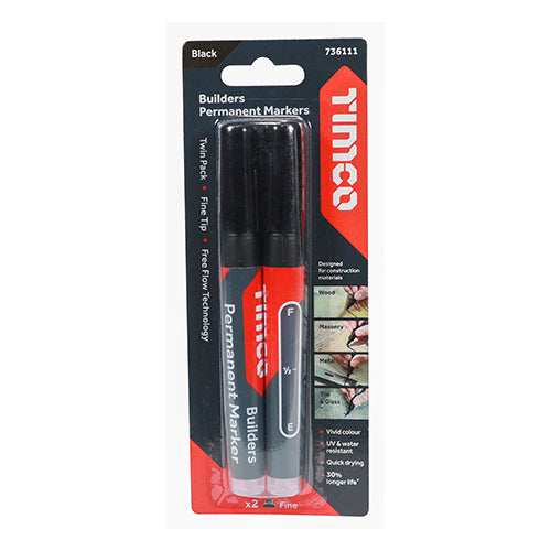 Builders Permanent Markers Twin Pack Chisel & Fine Tip Black - Mixed