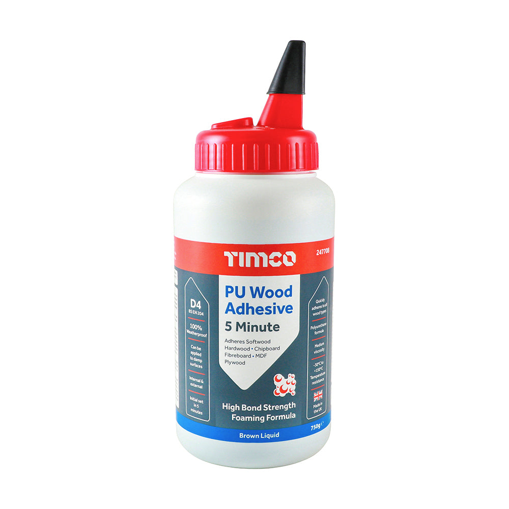 Timco 6 in 1 PU Wood Adhesive 5 Minutes Liquid Brown - 750g